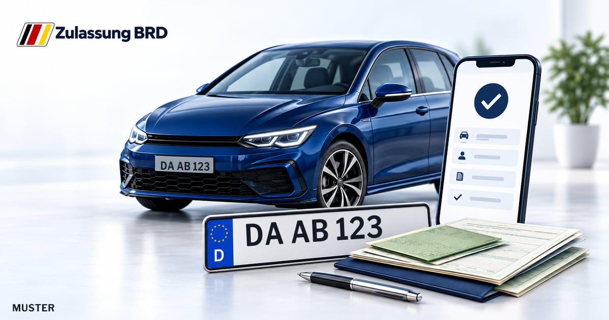 Online Fahrzeugzulassung in Griesheim: Musterkennzeichen DA AB 123, Auto und Fahrzeugpapiere und Smartphone. Illustration mit Logo von Zulassung BRD.